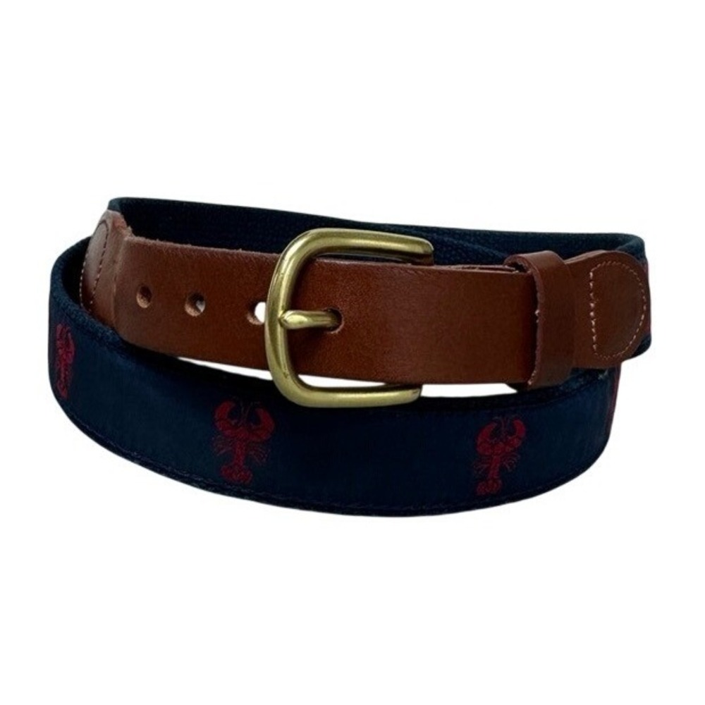 Leather Man Limited Navy Lobster Ribbon Belt Brown Leather Brass Buckle Size 42